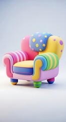 Three dimensional rendering of a plush, vividly colored armchair with assorted patterns