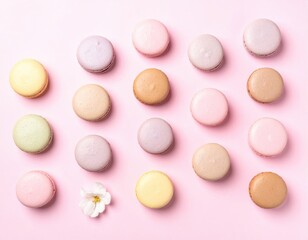 Beautiful delicate French macarons in various soft pastel colors charmingly arranged on a vibrant light pink background, forming an inviting dessert display