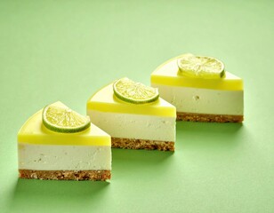 Three delicious lime cheesecake slices with bright citrus topping and a fresh lime garnish are artfully arranged on a light green background