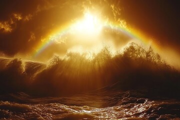 Ocean waves crash beneath a radiant rainbow, sunlight breaking through clouds