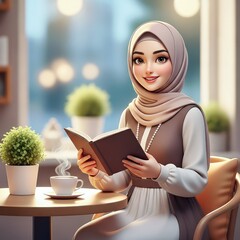 Woman in Headscarf Caf&eacute; Reading a Book With Coffee Cup Modern Minimalist Interior Soft Lighting Ai Generated Image.jpg