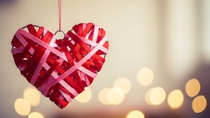 Red heart shaped decoration hanging from above with blurred background and glowing lights
