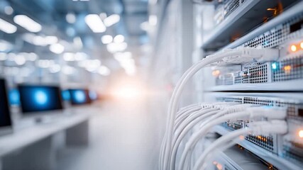 Data Server Cables: Intricate network of server cables, symbolizing seamless data flow in a modern data center, bathed in ambient lighting. 