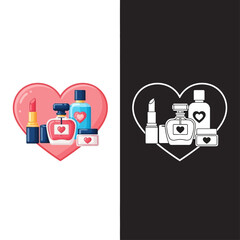 Obraz premium Graphic illustration of cosmetics and perfume in heart shapes, with red and white color schemes, against a split white and black background.