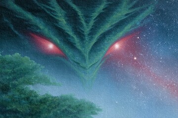 a closeup of the red glowing eyes of a horror figure, cosmic background