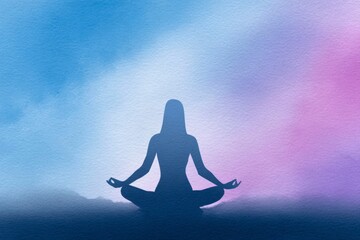 a watercolor silhouette of the lotus pose yoga posture, with a colorful background.