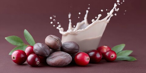 cacao beans, red berries, and cream against a dark maroon background