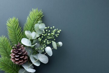 dark green background with pine branches, eucalyptus leaves, and cones. christmas tree decoration.