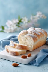 sliced almond bread roll with powder on top and chestnut nuts, placed on a white marble board, on a table with a blue background
