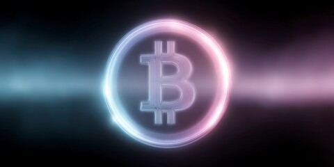 glowing neon blue and pink logo of the bitcoin symbol on a black background.