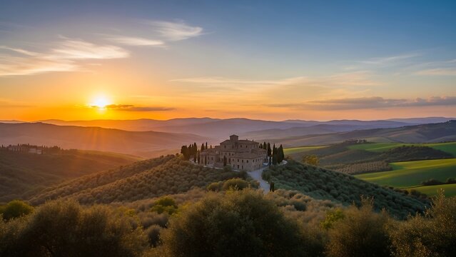 Sunset over rolling hills and landscape.