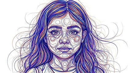 Intricate line art portrait depicts a young female with flowing, multi-colored hair