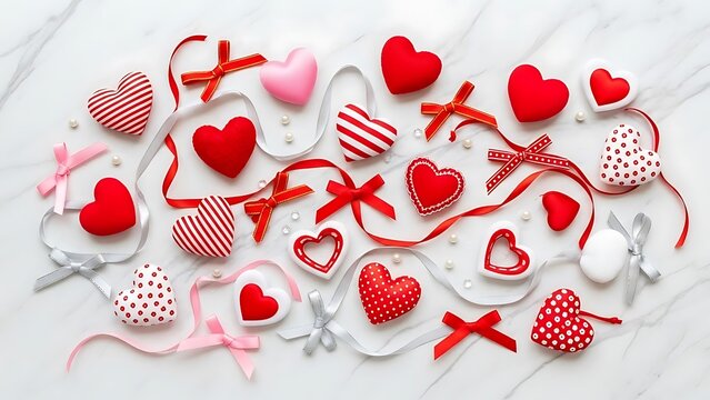 Assorted heart decorations with red ribbons on a white marble surface, as seen from above in 7 98