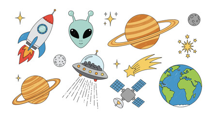 Fun space themed clip art set featuring a red rocket, alien head, planets, UFO, satellite, and stars for cosmic adventures.