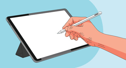 Illustration of a hand using a white stylus to draw on a digital tablet screen for modern art and graphic design concepts.