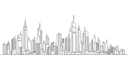 Obraz premium Minimalist black and white line art illustration of a modern city skyline with various skyscrapers and urban architectural structures.