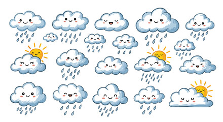 Charming set of kawaii cloud characters with diverse facial expressions, rain droplets, and sunny accents for weather-themed designs.