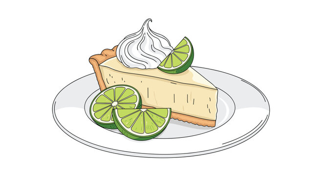 Refreshing slice of key lime pie on a white plate topped with a dollop of meringue and fresh lime slices for dessert inspiration.