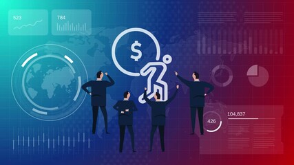 Businessmen analyzing debt burden icon of person carrying heavy dollar coin symbol on digital background for financial crisis and economic pressure - Powered by Adobe