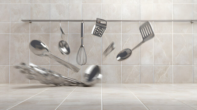 clatter. Stainless steel kitchen utensils falling with metallic reflections and motion trails. menu design, packaging mockups, designed for food delivery and cloud-kitchen brand materials.