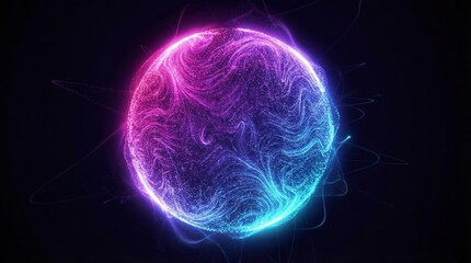 Abstract glowing particle sphere rotating with dynamic magenta and cyan swirling energy lines creating a futuristic digital nebula backdrop