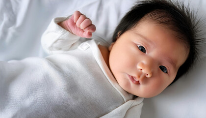生まれたばかりの小さな赤ちゃんの顔のクローズアップ。アジア人の新生児。おくるみに巻かれている。
