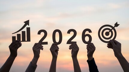 Business team collaboratively holding up cutout symbols representing upward growth targets and the specific year 2026 against a beautiful sunset sky background