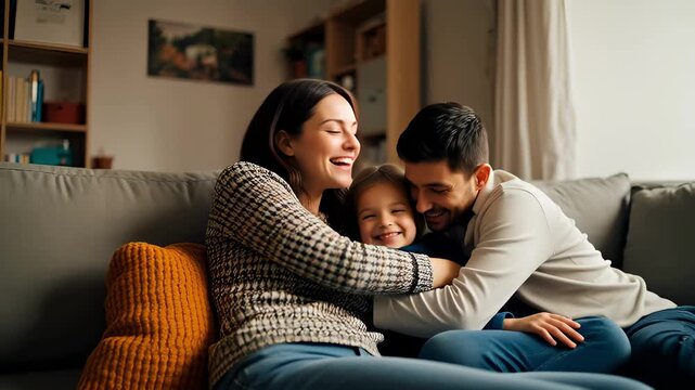 Loving family enjoying cozy moments at home in living room setting