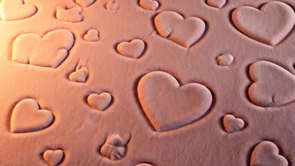 Hearts embedded in sand surface viewed from above with varied sizes and shapes