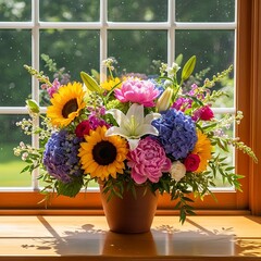 Vibrant summer floral arrangement sits prominently on a sunlit wooden windowsill indoors