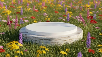 White stone pedestal in colorful flower field.