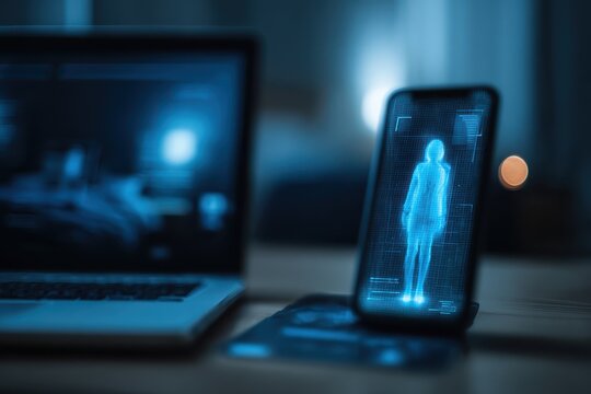 Visualizing data protection with a laptop and a hologram of a woman on a smartphone in a dimly lit room - Powered by Adobe
