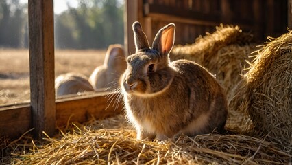 In a dusty barn, a rabbit peeks out from behind a bale of hay