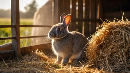 In a dusty barn, a rabbit peeks out from behind a bale of hay