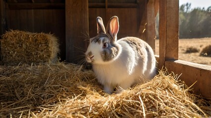 In a dusty barn, a rabbit peeks out from behind a bale of hay