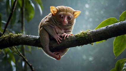 Clinging to a slender branch, a tarsier rotates its head