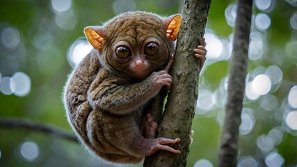 Clinging to a slender branch, a tarsier rotates its head