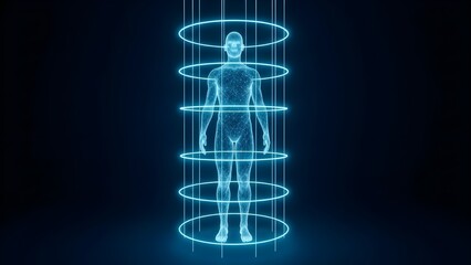 Holographic human body scan inside a blue digital energy field symbolizing advanced medical diagnostics or futuristic virtual reality experience in a dark environment