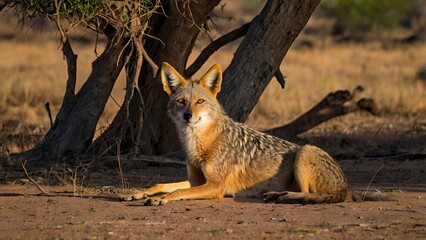 A golden jackal rests in the shade of a large acacia tree