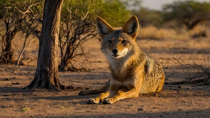 A golden jackal rests in the shade of a large acacia tree
