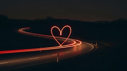 Valentine's day heart shaped car light trails on a dark road at night