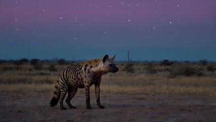 Under a star-filled sky, an aardwolf pads softly across the open plain, its faintly striped coat blending into the shadows.