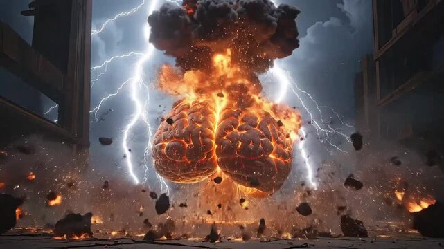 Brain-shaped object exploding amidst lightning and crumbling buildings, symbolizing intellectual destruction.