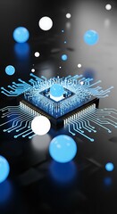 Illuminated central processing unit glows with blue circuit lines amid floating orbs