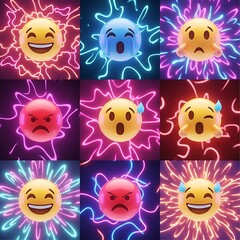 Collage of digital expressive faces surrounded by vibrant, glowing energy effects