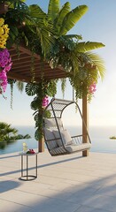 Luxurious outdoor hanging chair rests beneath a lush tropical pergola overlooking the ocean
