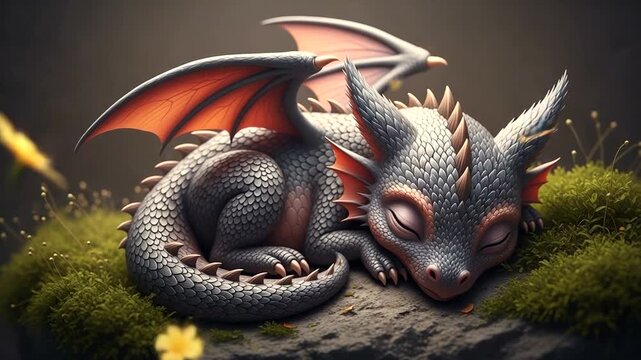 Fantasy dragon sleeping peacefully on a mossy rock