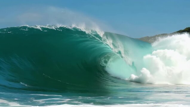 Spectacular 4K slow motion footage of massive turquoise ocean wave crashing violently along the Madeira coastline producing dramatic spray raw ocean energy under bright daytime 