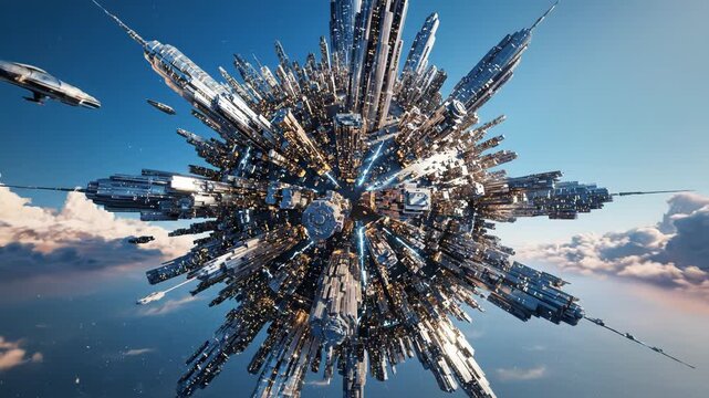 Futuristic spherical megacity structure with towering skyscrapers floating above white clouds in a bright blue sky with small spacecraft nearby