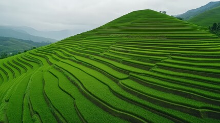 Lush green terraced rice fields curve along a hillside under a cloudy sky, showcasing stunning agricultural landscape.